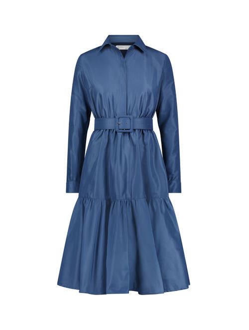 Mac Duggal Faille Long Sleeve Collared Belted Midi Dress In Deep Blue