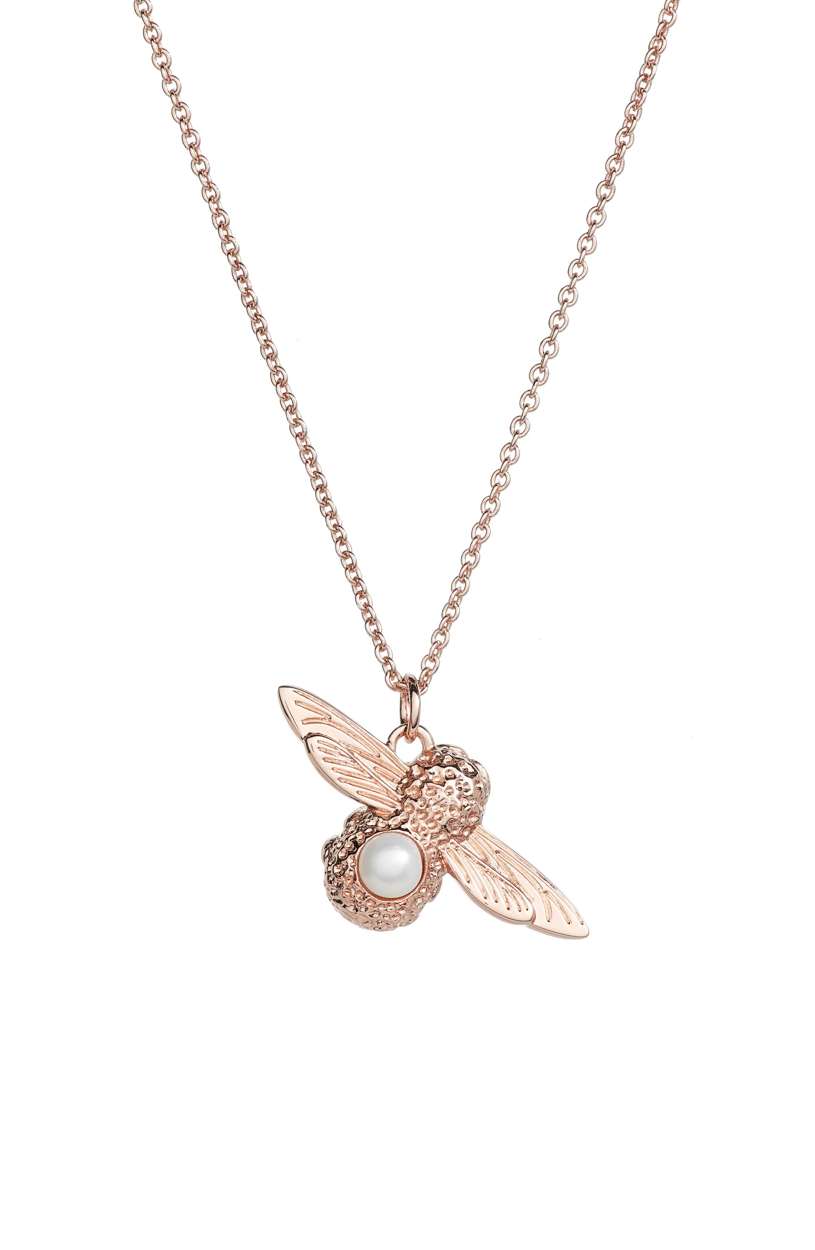 Olivia Burton Yellow Gold Plated Faux Pearl Accented Bee Pendant Necklace In Rose Gold