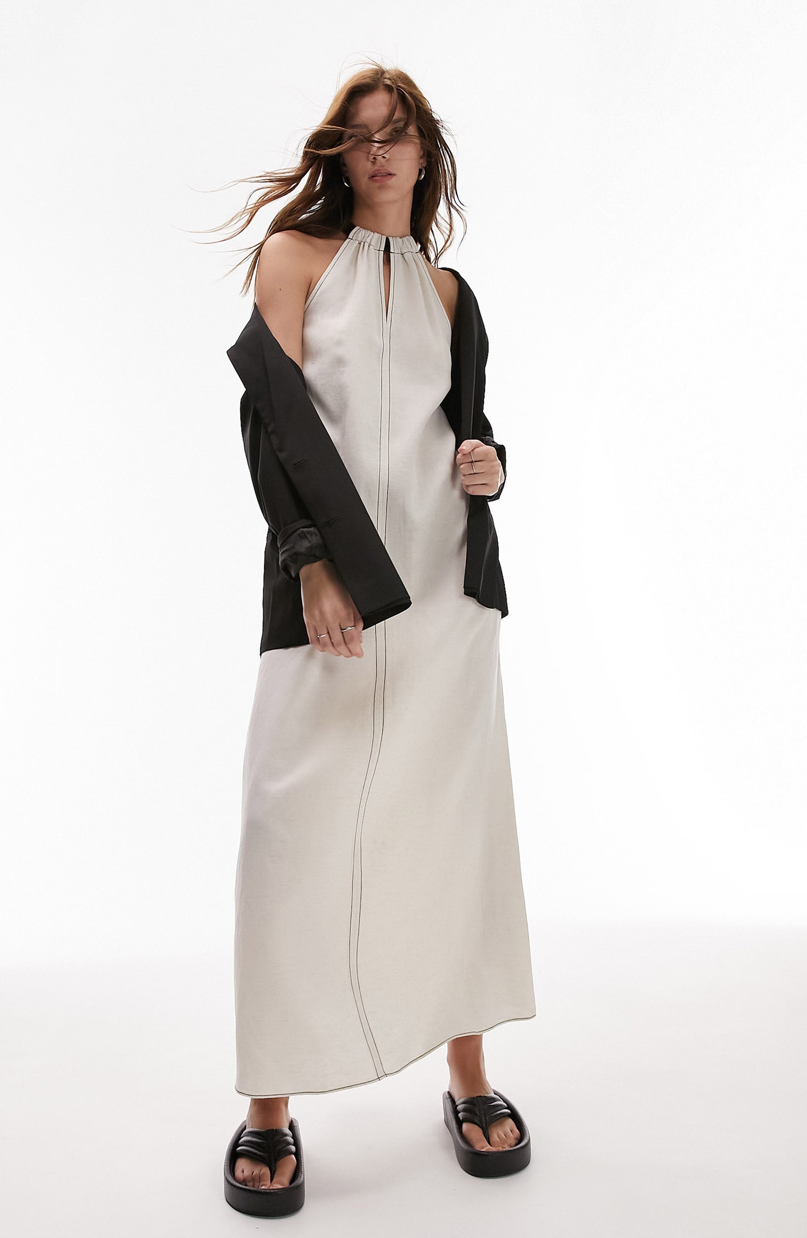 Topshop Chuck On Contrast Tie Halter Maxi Dress in Ivory | Smart Closet