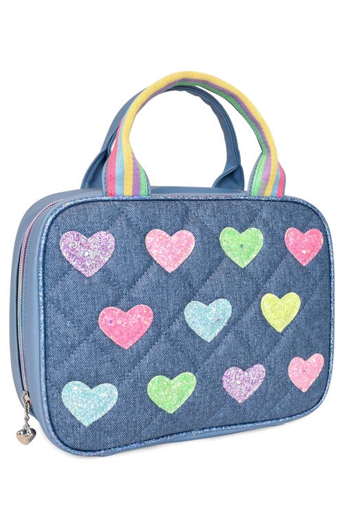 Shop Omg Accessories Kids' Heart Diamond Quilted Denim Lunch Bag In Denim Blue