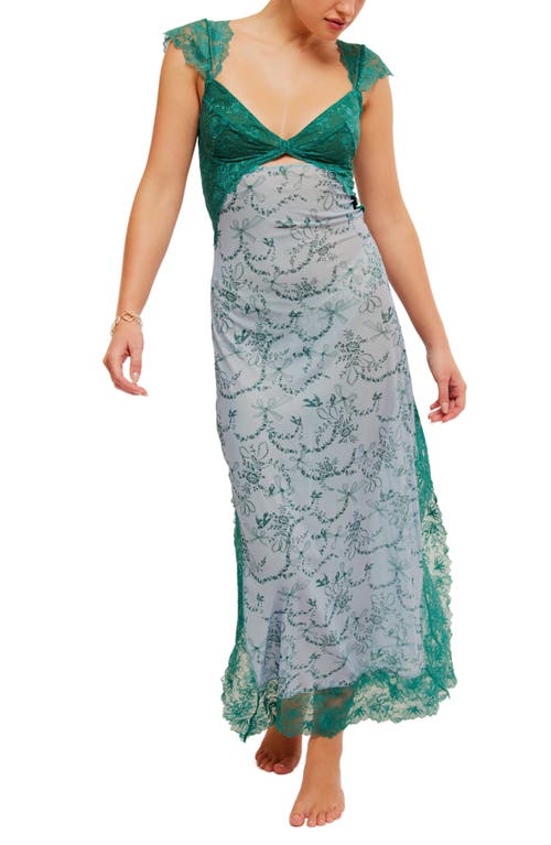 Free People Suddenly Fine Floral Print Cutout Lace Trim Nightgown In Blue Ribbon