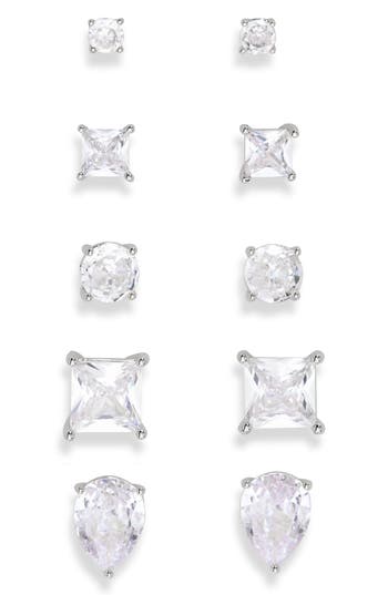 Nordstrom Rack Set Of 5 Stud Earrings In Clear- Silver