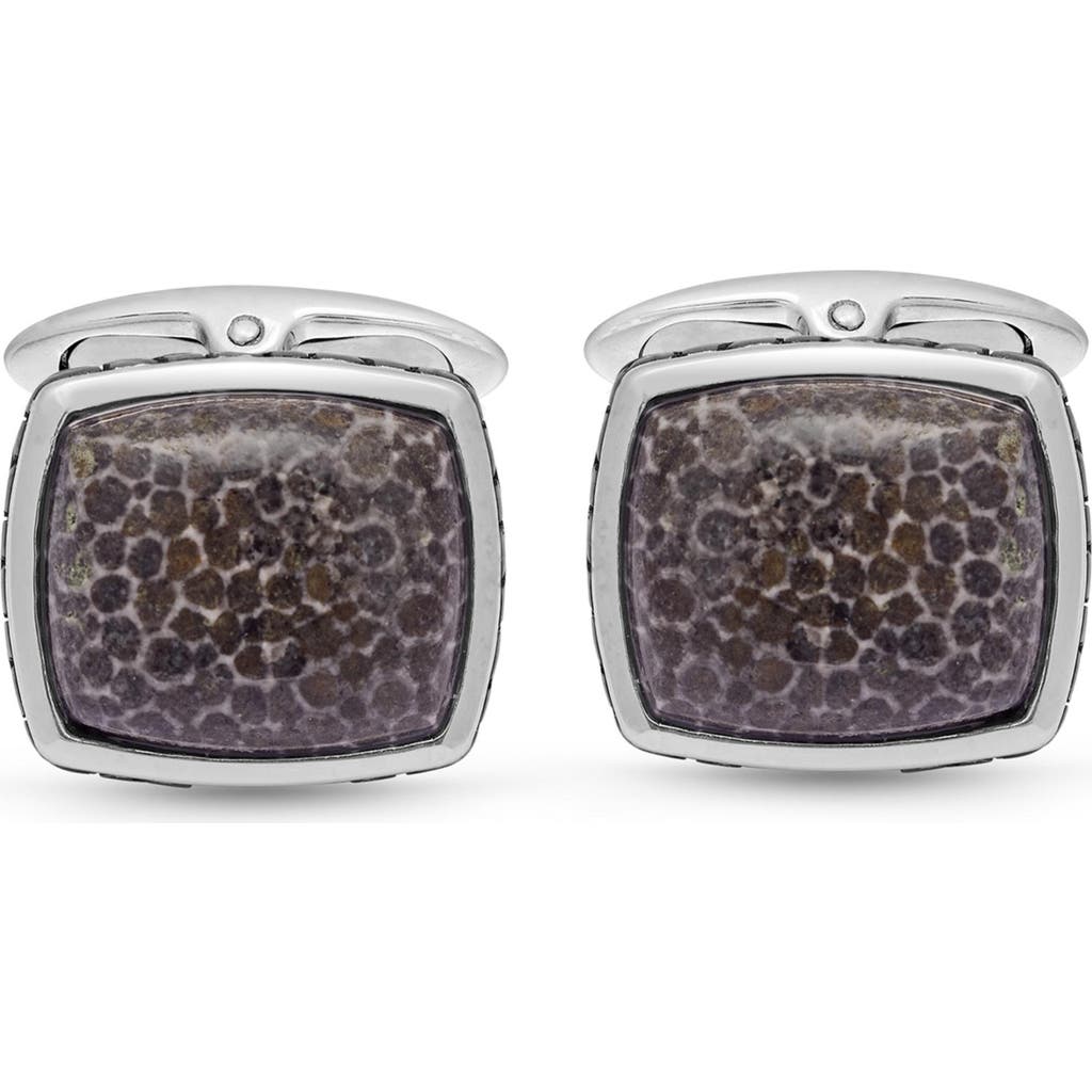 Luvmyjewelry Fossil Agate Stone Cufflinks In Black Rhodium Plated Sterling Silver In Silver