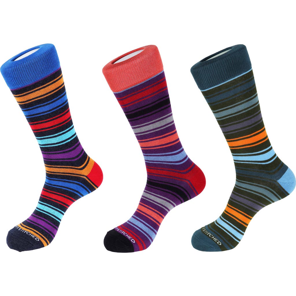 Unsimply Stitched 3-pack Assorted Stripe Crew Socks In Blue Multi