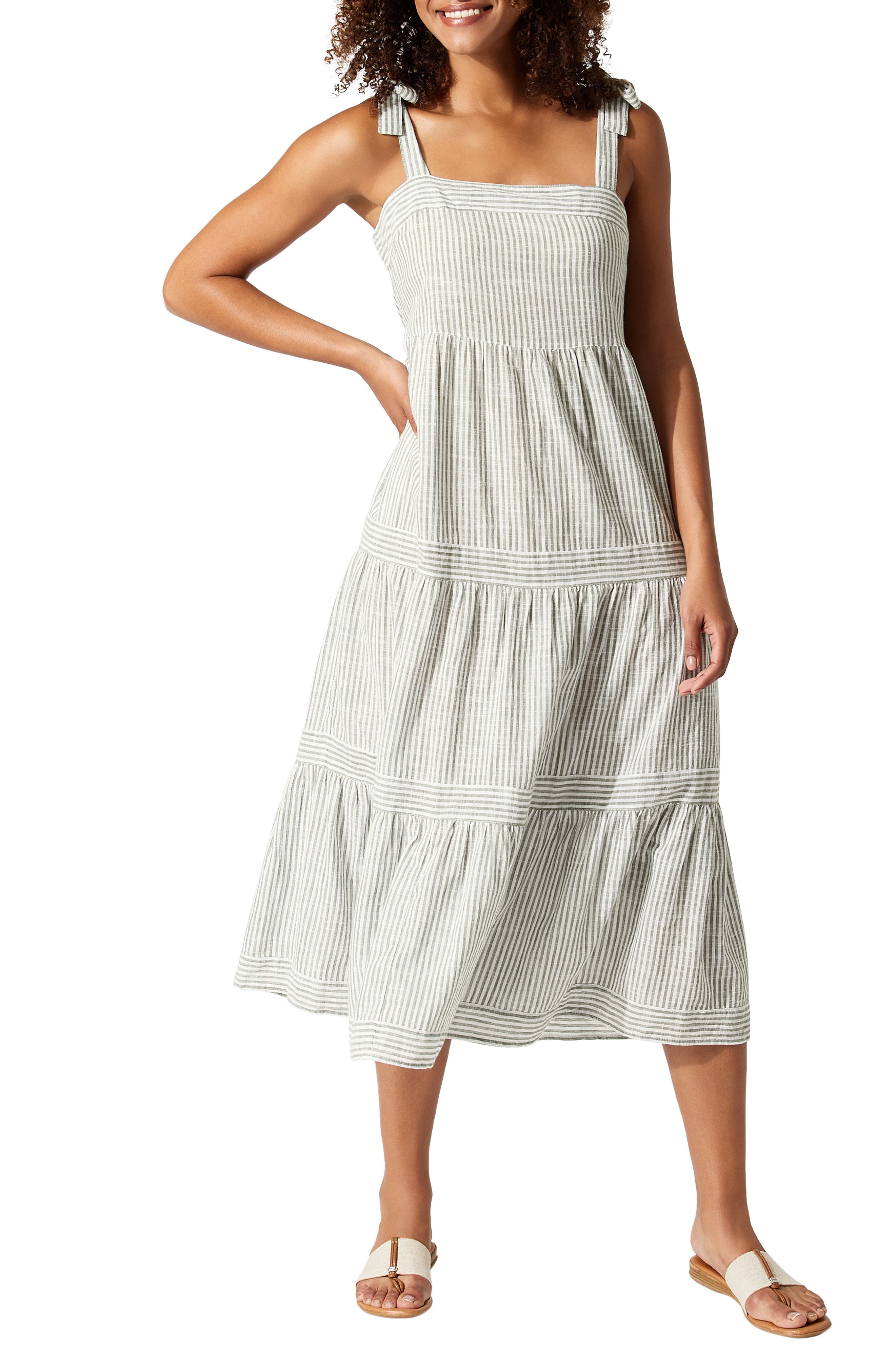 Tommy Bahama Shoreline Stripe Midi Cover-Up Dress in Tea Leaf | Smart Closet