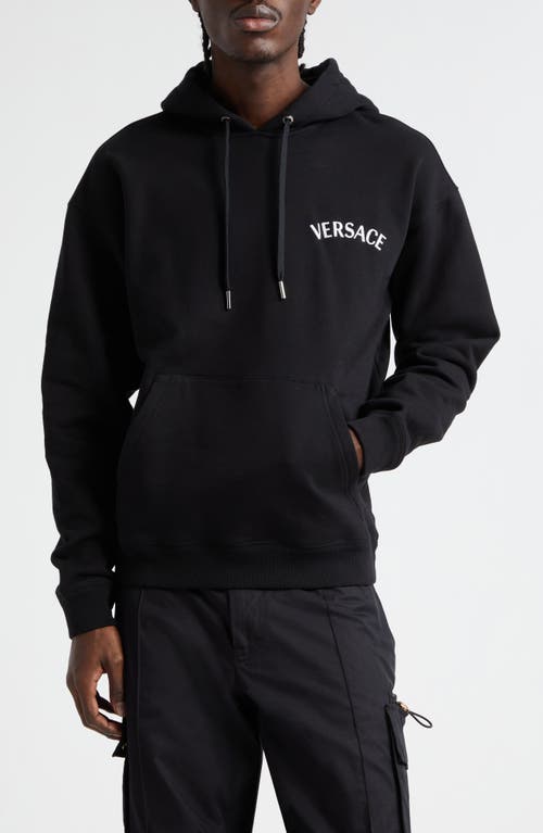 Versace Milano Stamp Embroidered Cotton Jersey Hoodie in Black at Nordstrom, Size X-Large