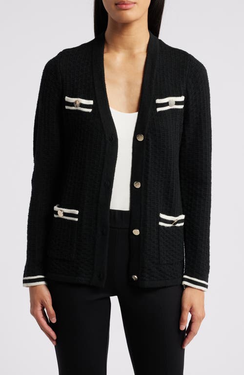 Shop Anne Klein Tipped Pocket Cardigan In Anne Black/anne White