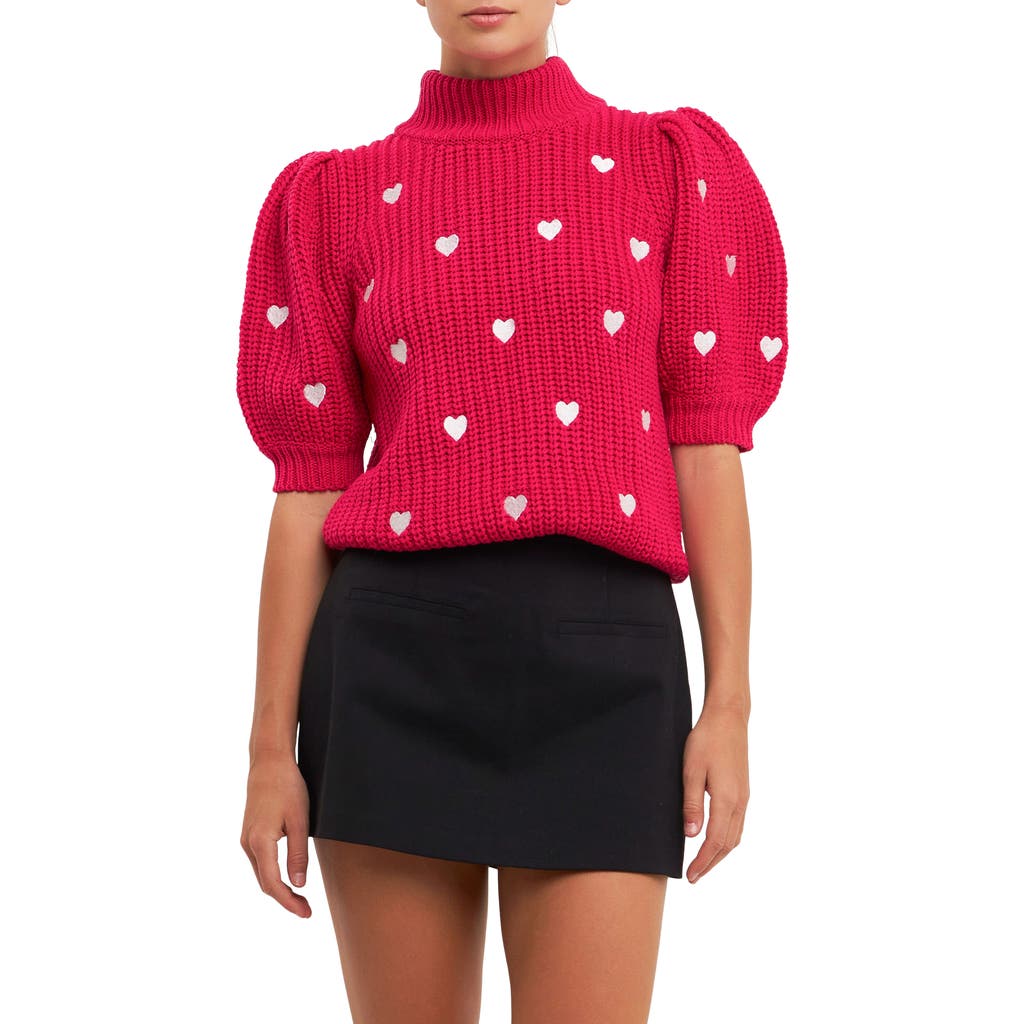 English Factory Heart Embroidered Puff Sleeve Sweater In Red