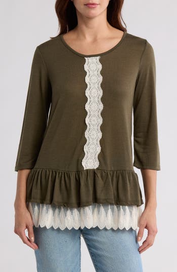 FORGOTTEN GRACE FORGOTTEN GRACE LACE TRIM LONG SLEEVE PEPLUM TOP