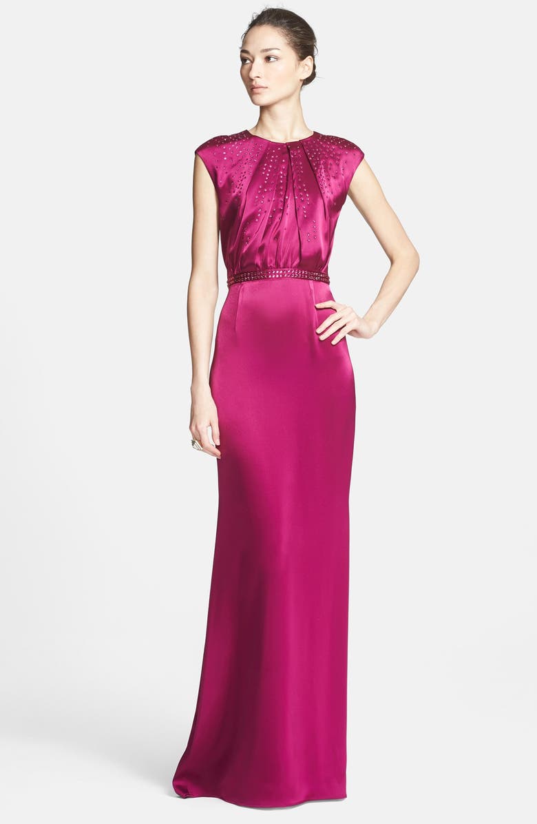 St. John Collection Embellished Liquid Satin Gown with Train | Nordstrom