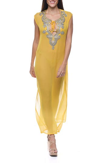 Ranee's Ranees Embellished Sheer Cover-up Dress In Yellow