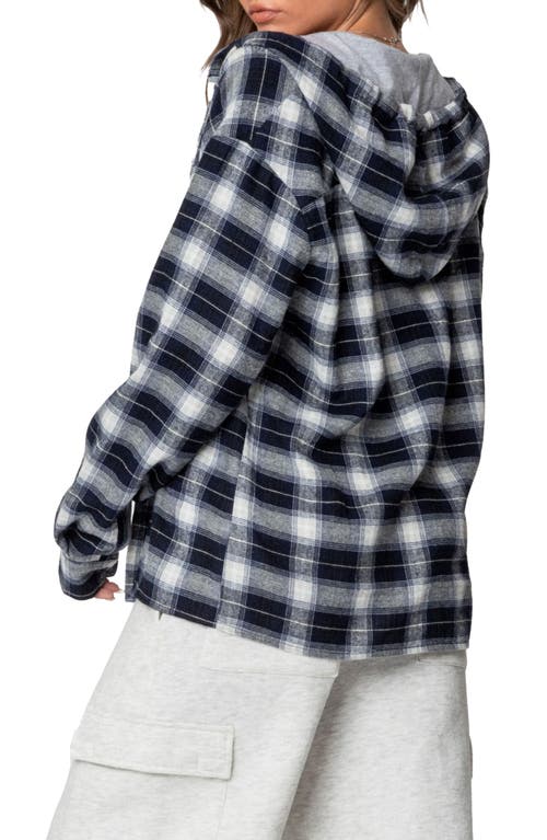 Shop Edikted Plaid Cotton Blend Flannel Button-up Hoodie In Navy