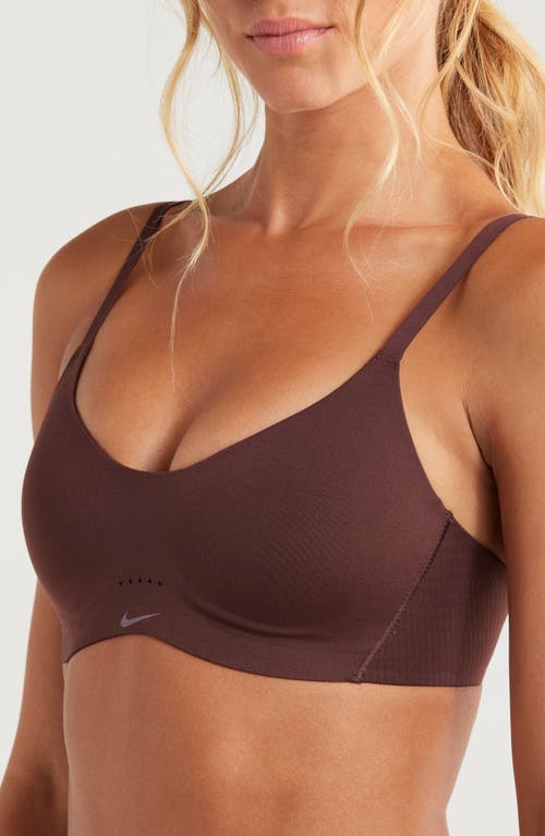 Nike Dri-fit Alate Minimalist Light-support Padded Bra In Dark Brown In Earth/white