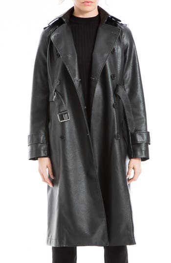 Max Studio Faux Leather Long Trench Coat In Black