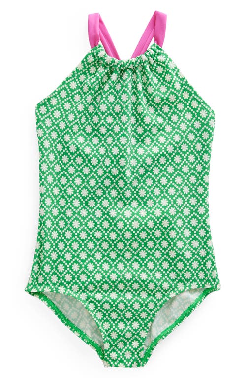 Boden Kids' Ruched One-Piece Swimsuit in Ivory Green Daisy