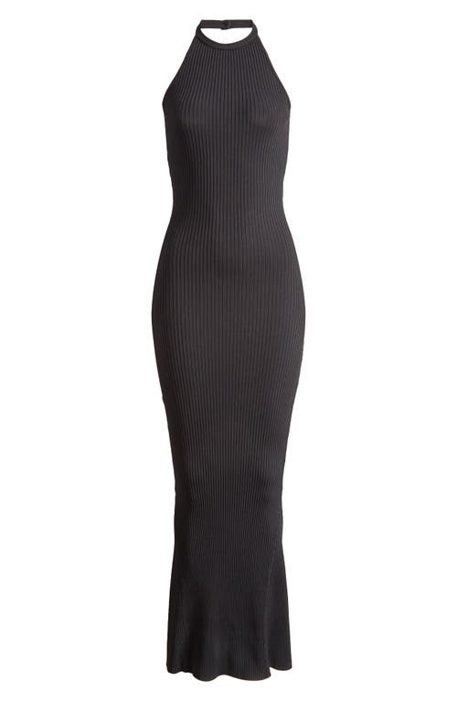 Shine Ribbed Halter Maxi Dress in Black001