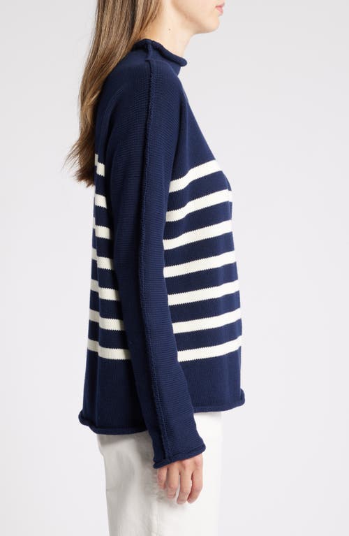 Shop Frank & Eileen Monterey Stripe Cotton Funnel Neck Sweater In Navy With Ivory Stripe