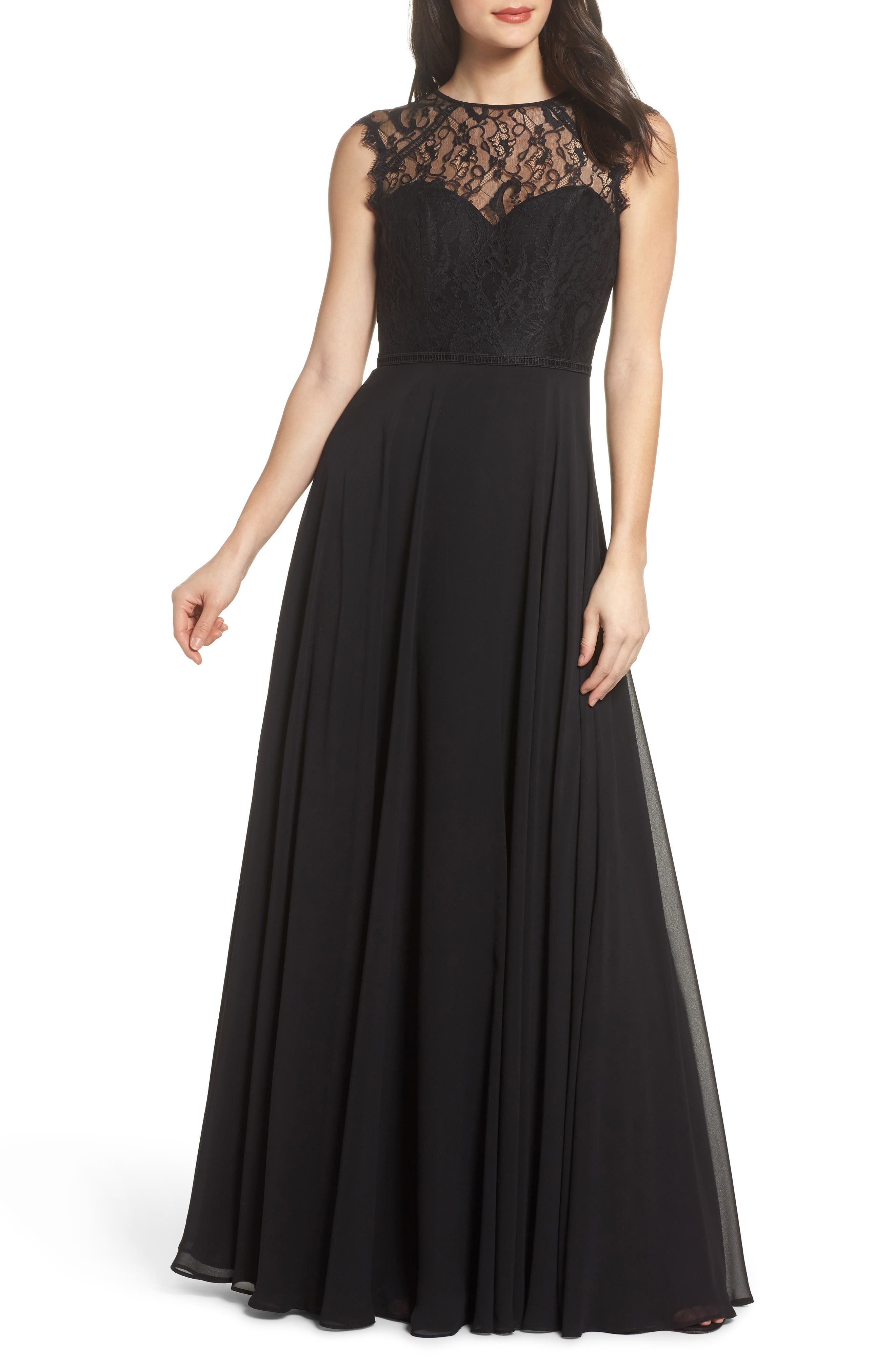 Hayley Paige Occasions Lace & Chiffon Gown, Black