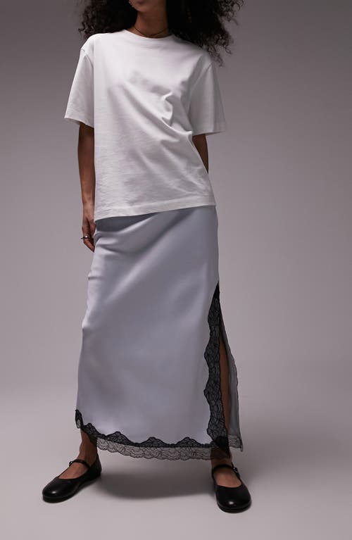 Lace Trim Satin Maxi Skirt in Light Blue