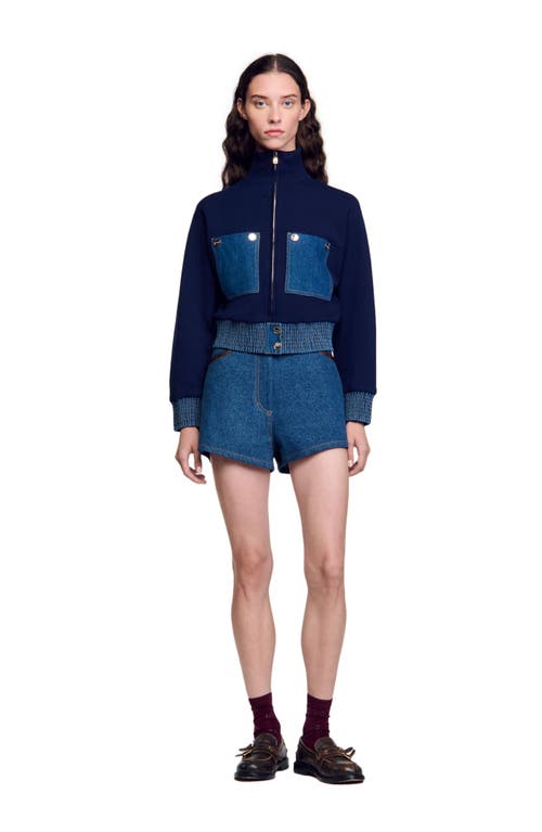 Shop Sandro Knit And Denim Coatigan In Blue