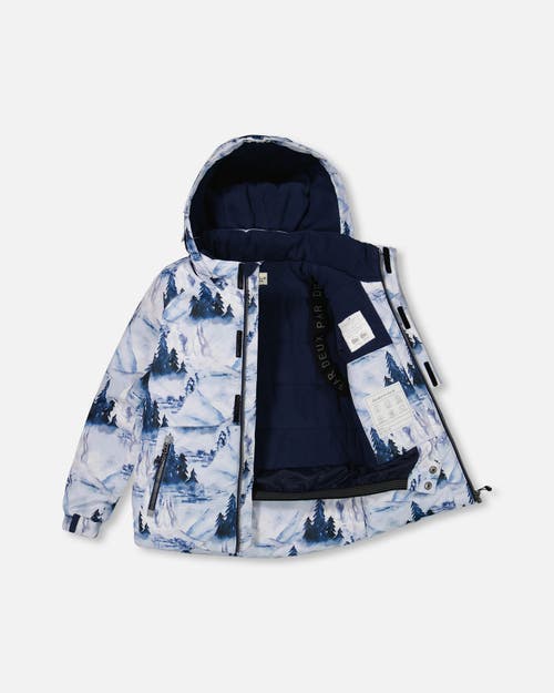 Shop Deux Par Deux Boy's Two Piece Snowsuit Watercolor Pine Print And Solid Navy Pant In Dress Blue