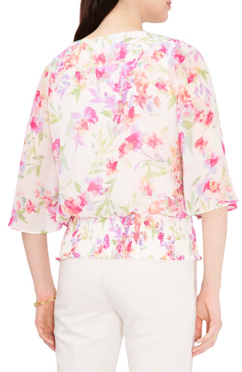 Chaus Smocked Dolman Top In Cream/coral/fuchsia