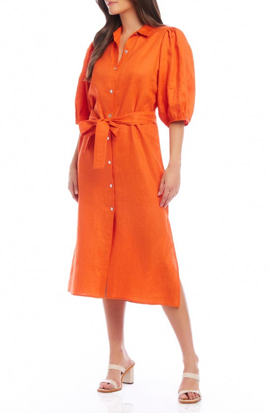 Shop Karen Kane Puff Sleeve Linen Midi Shirtdress In Orange