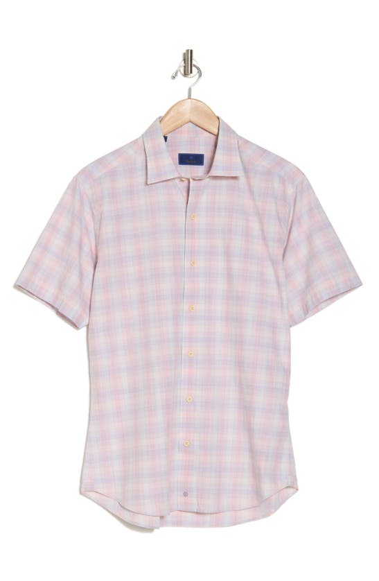 David Donahue Check Poplin Casual Short Sleeve Cotton Button-up Shirt In Melon/ Blue
