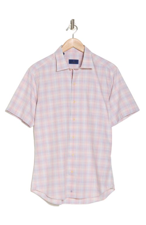 Shop David Donahue Check Poplin Casual Short Sleeve Cotton Button-up Shirt In Melon/blue