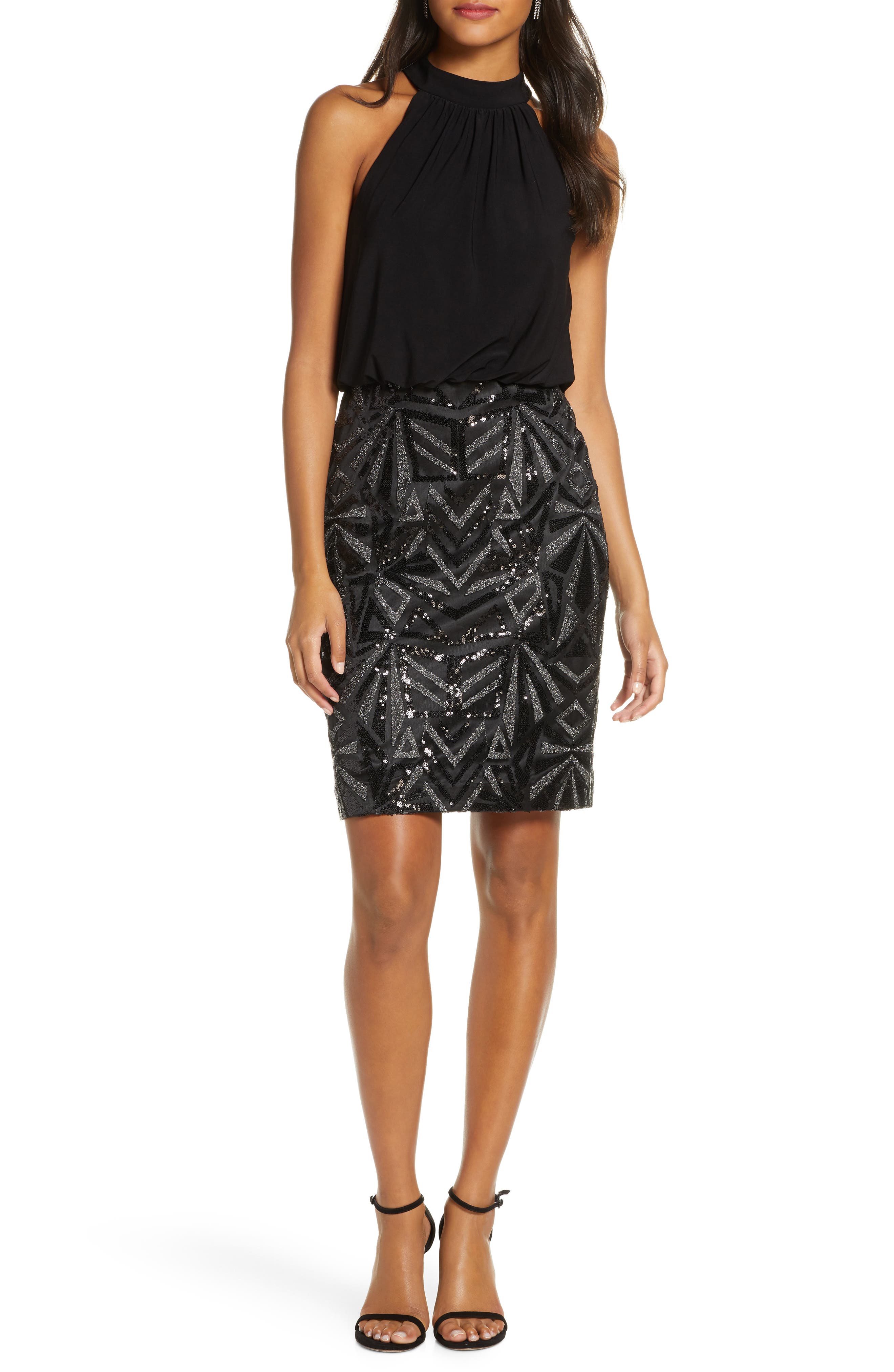 Vince Camuto Halter Neck Geo Embellished Blouson Dress | Nordstrom