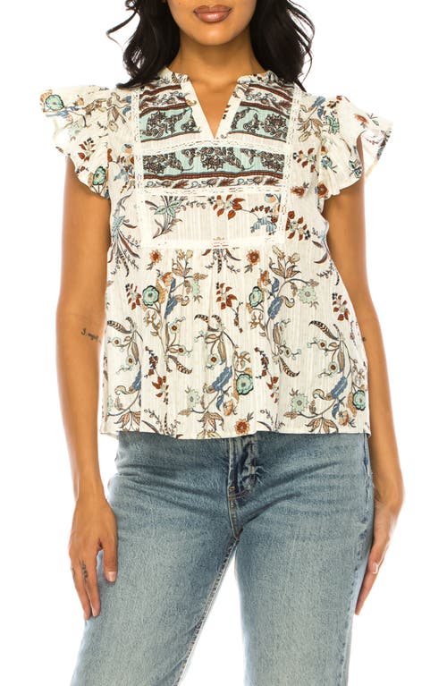 Floral Split Neck Cotton Top in Dusty Aqua