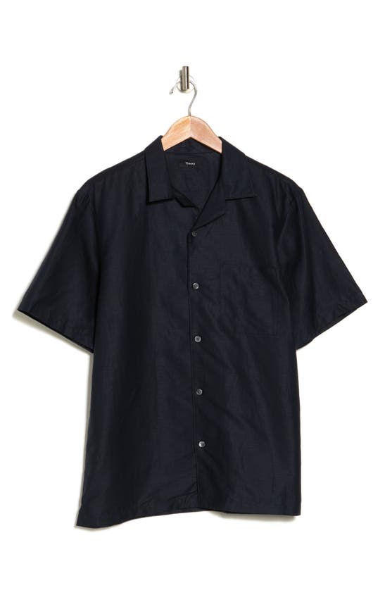 Theory Noll Essential Short Sleeve Linen & Cotton Button-up Camp Shirt In Baltic