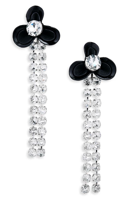 Leather & Crystal Flower Clip-On Chandelier Earrings in Black/Silver