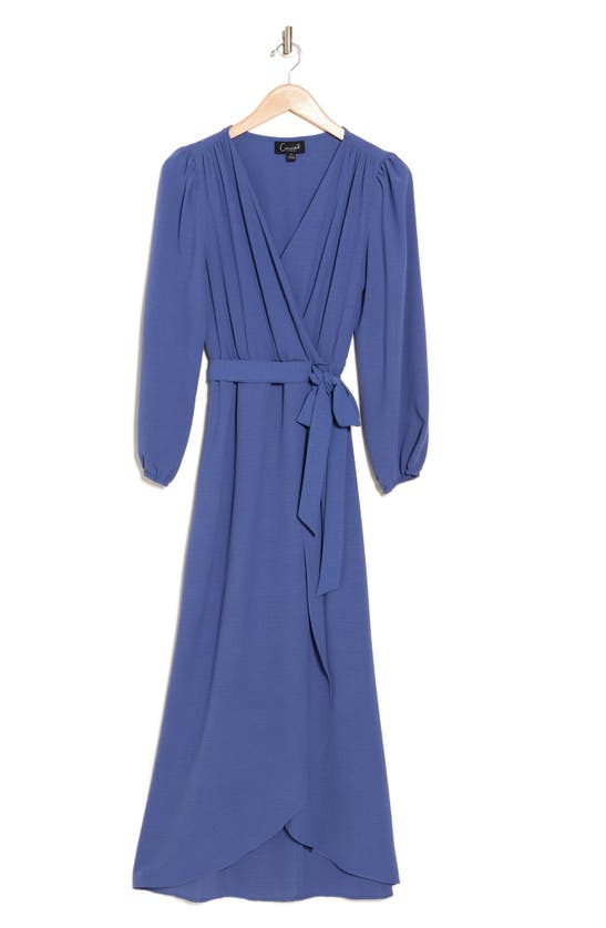 Connected Apparel Faux Wrap Long Sleeve Maxi Dress In Denim