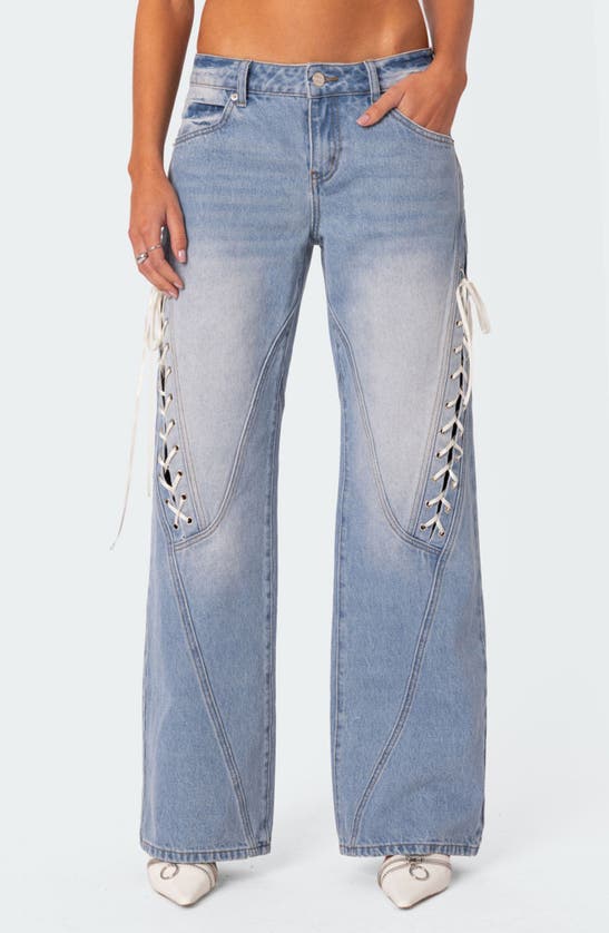 Shop Edikted Lace-up Low Rise Wide Leg Jeans In Light-blue