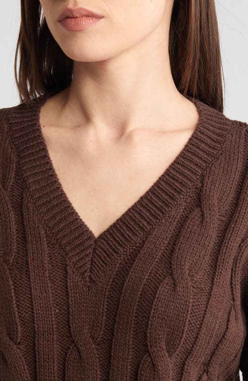 Shop Madewell Cable Knit V-neck Crop Sweater In Dark Coffee