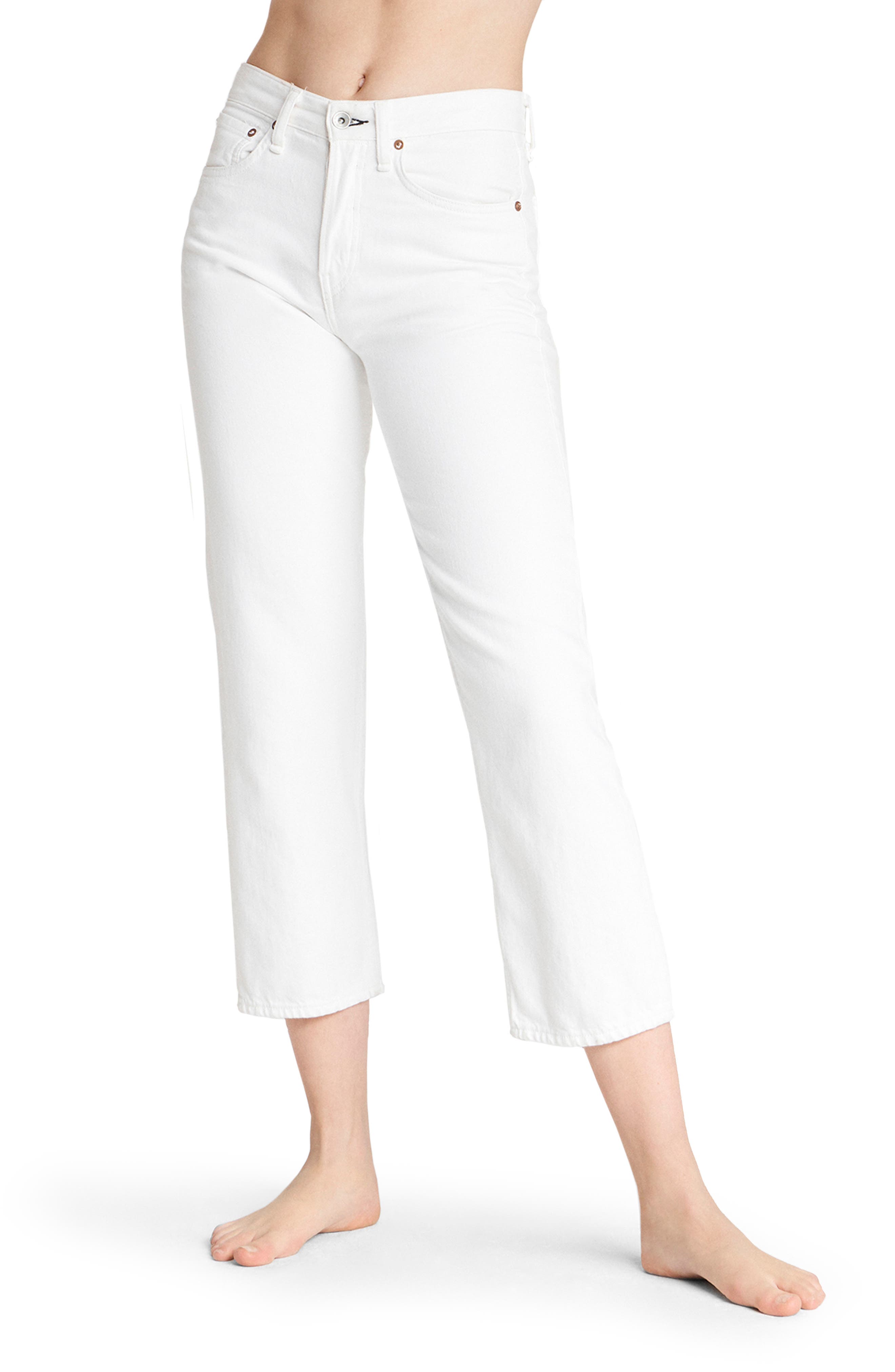high waisted white ankle jeans