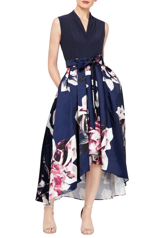 SL FASHIONS Floral Mikado High-Low Gown in Navy Multi