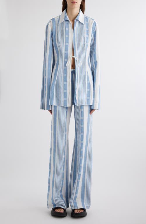 Shop Givenchy 4g Mixed Stripe Cotton & Linen Drawstring Pants In Blue/off White