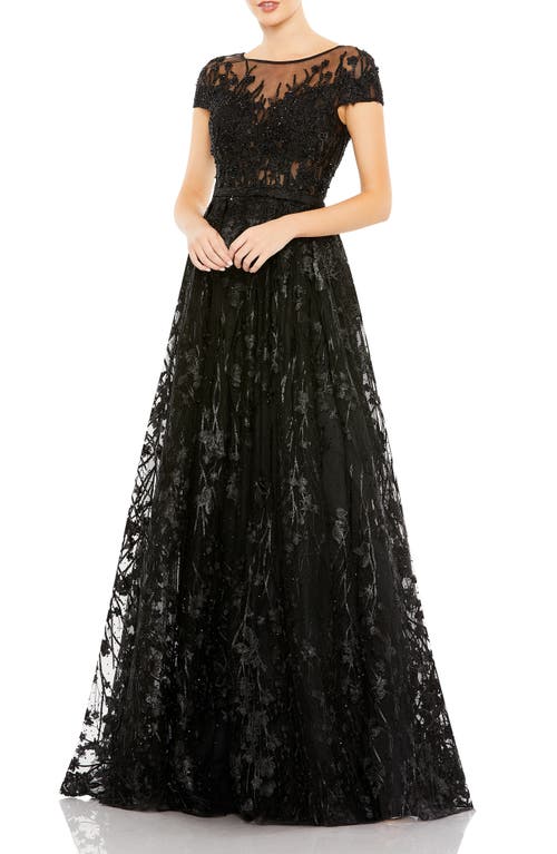 Mac Duggal Sequin Floral Cap Sleeve Ballgown Black at Nordstrom,