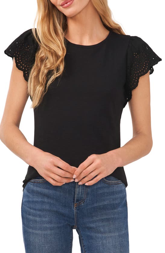 Shop Cece Eyelet Flutter Sleeve T-shirt In Rich Black