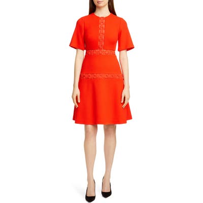 Lela Rose Wave Trim Inset Wool Blend A-Line Dress, Red
