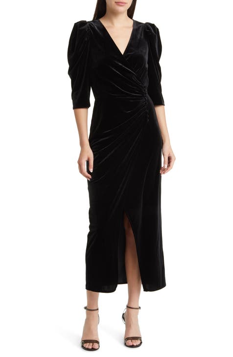 Black Velvet Long Sleeve Plunge Draped Midi Dress