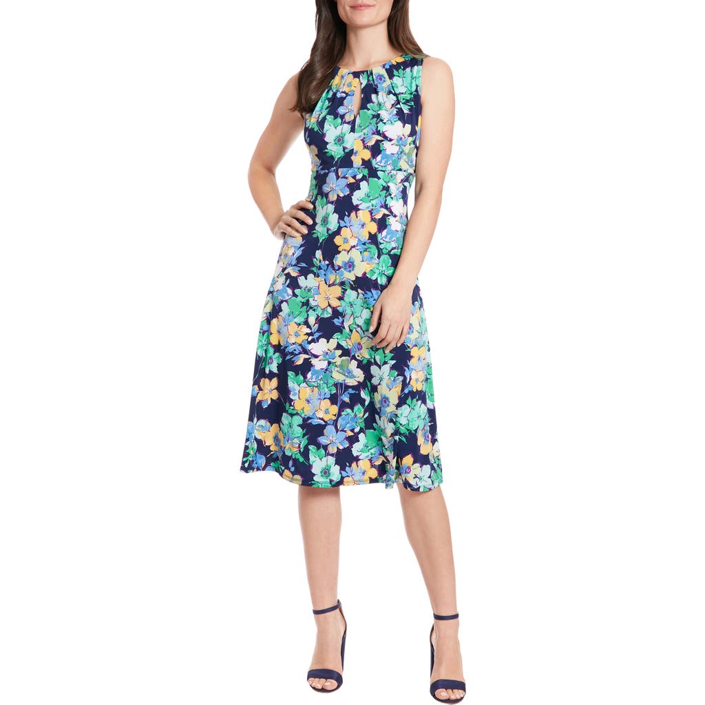 Shop London Times Floral Keyhole Sleeveless Fit & Flare Midi Dress In Navy/teal