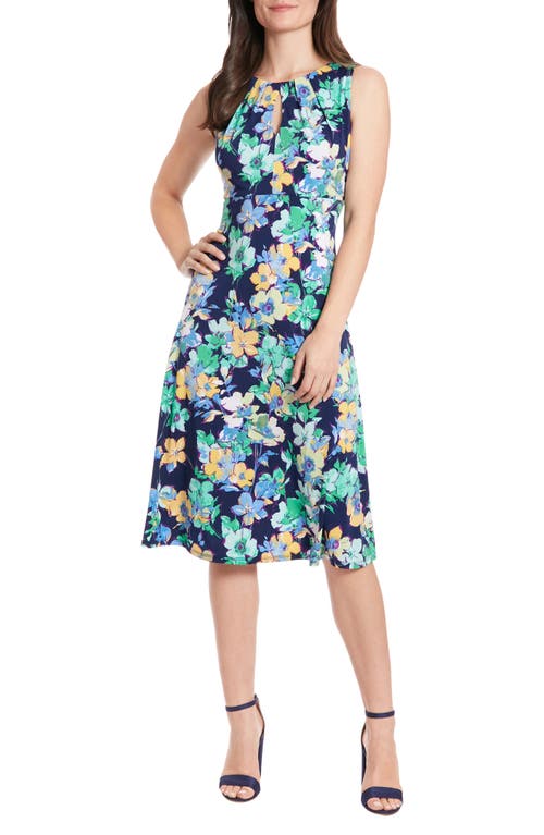 Shop London Times Floral Keyhole Sleeveless Fit & Flare Midi Dress In Navy/teal