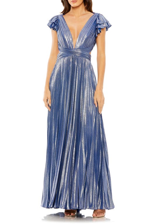 Shop Mac Duggal Metallic Lace-up Back Ruffle Sleeve Plissé Gown In Blue