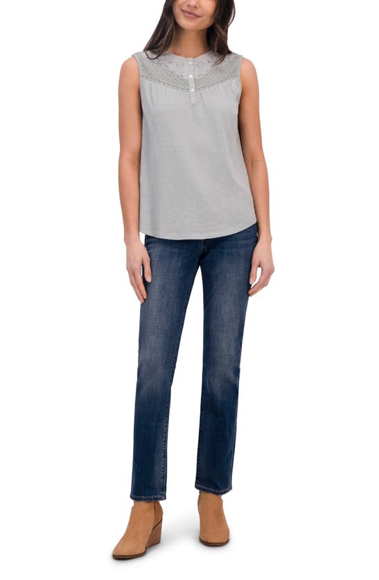 Lucky Brand Eyelet Yoke Half Placket Sleeveless Cotton Top In Mint Mirage