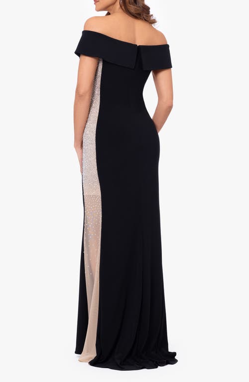 Shop Xscape Evenings Caviar Diamante Off The Shoulder Gown In Black/nude/silver