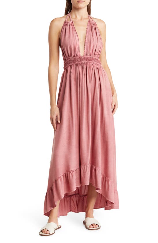 Boho Me Open Back Plunge Neck Ombre Halter Dress In Blush Mw
