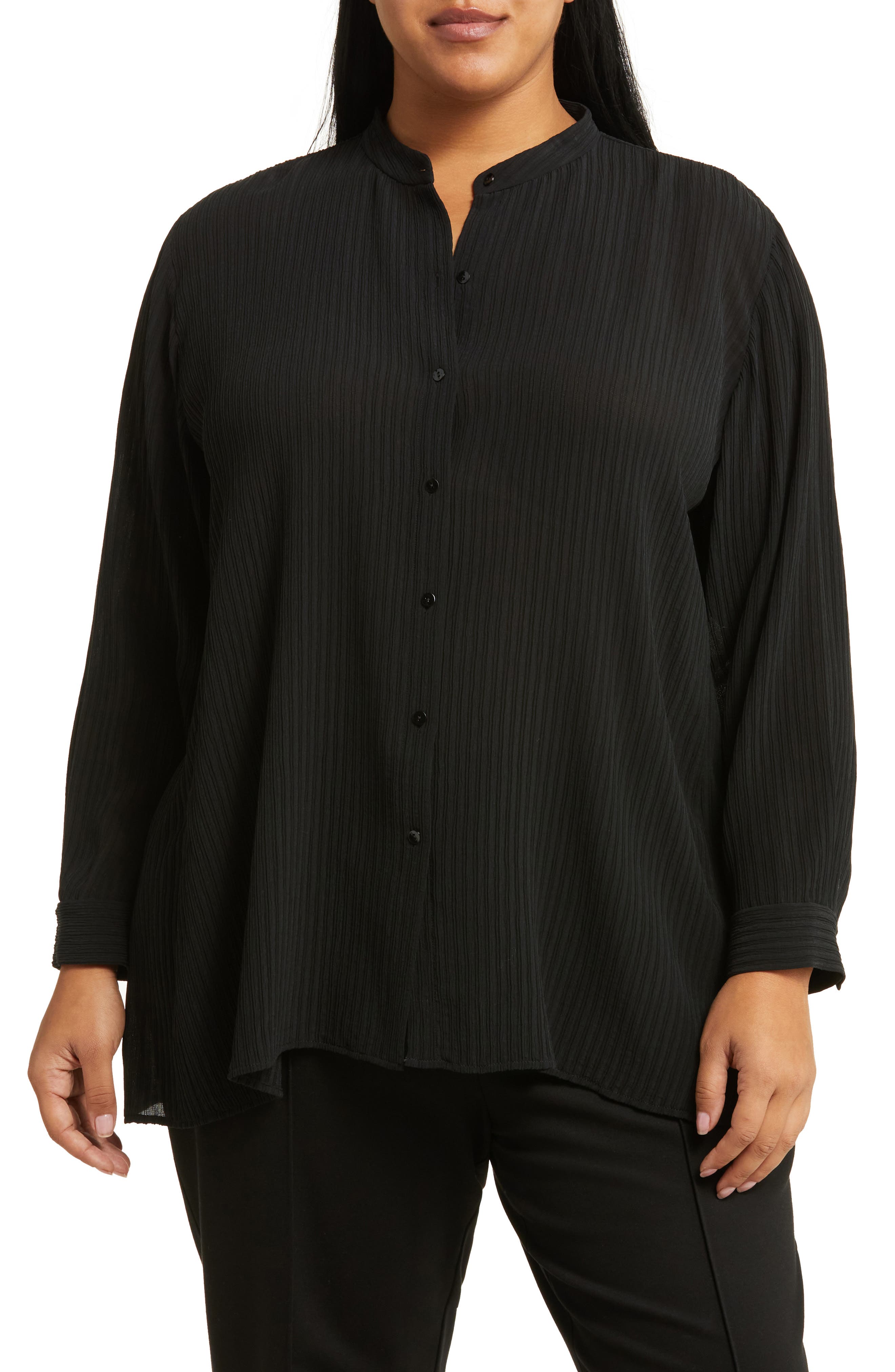 Eileen Fisher Mandarin Collar Silk Button-Up Shirt | Nordstrom